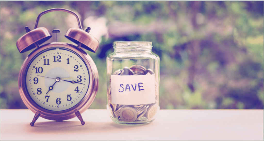 An Image Of An Old Style Bedside Table Clock Next To A Savings Change Jar,