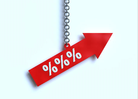 A Red Arrow Pointing In An Upward Direction Hanging From A Chain With 3 % Symbols On The Arrow
